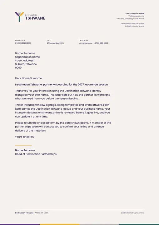 Letterhead · destination — Destination Tshwane application artwork