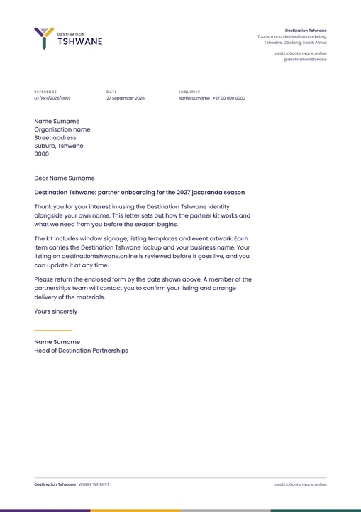 Letterhead · institutional — Destination Tshwane application artwork