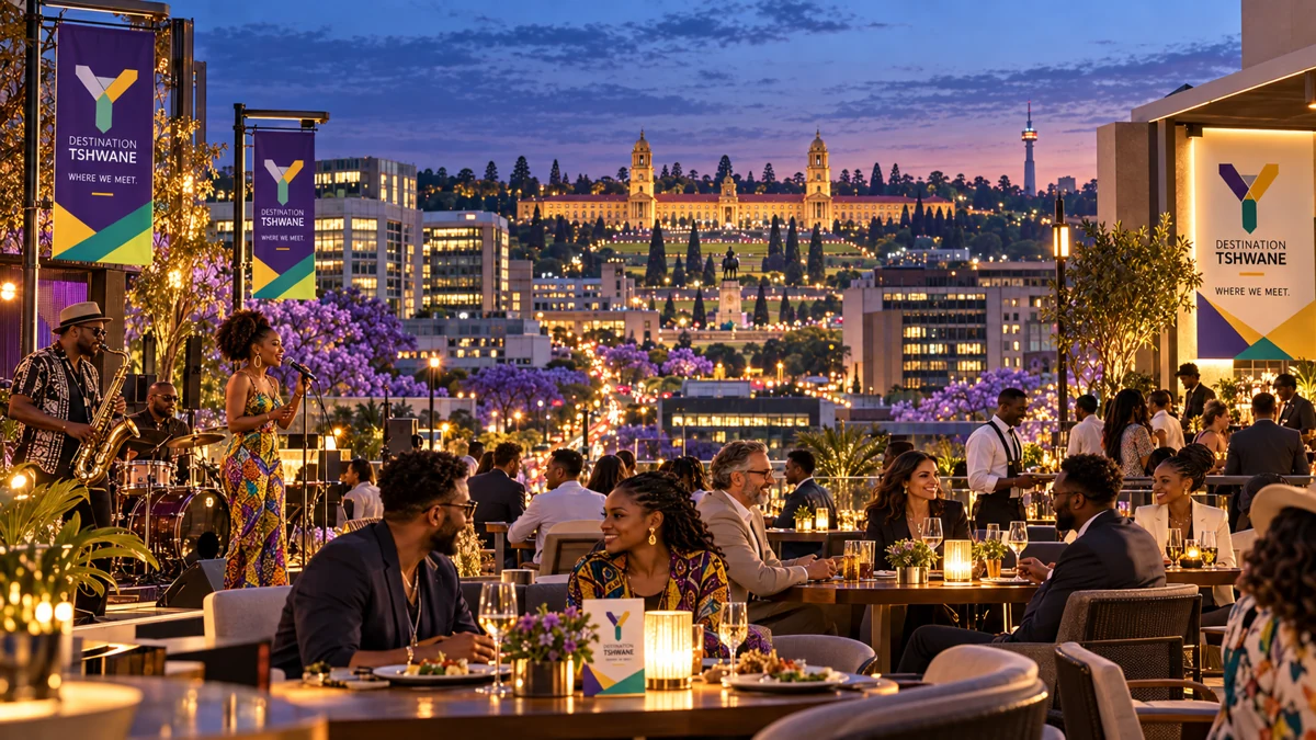 Campaign concept: An imagined evening terrace with dining, jacarandas and a civic skyline.