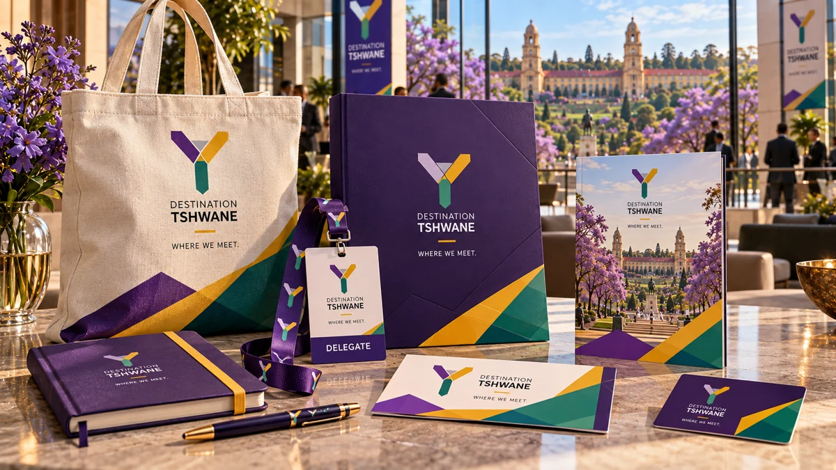 Campaign concept: Proposed destination totes, credentials, folders and printed visitor material.