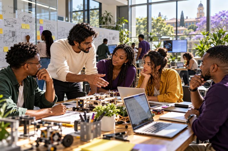 AI-generated concept: a team discussing a robotics prototype in a bright innovation lab.