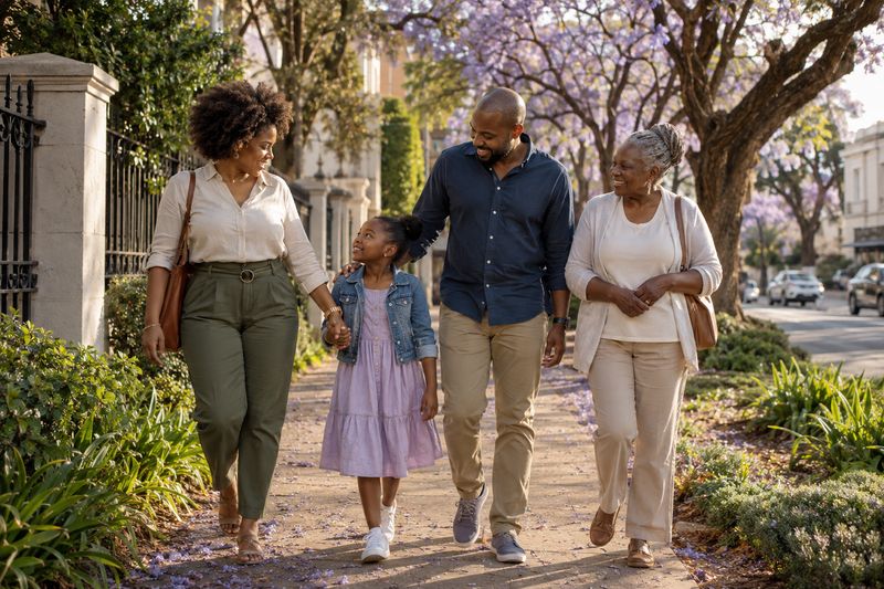 AI-generated concept: a multigenerational family walking beneath jacaranda trees.