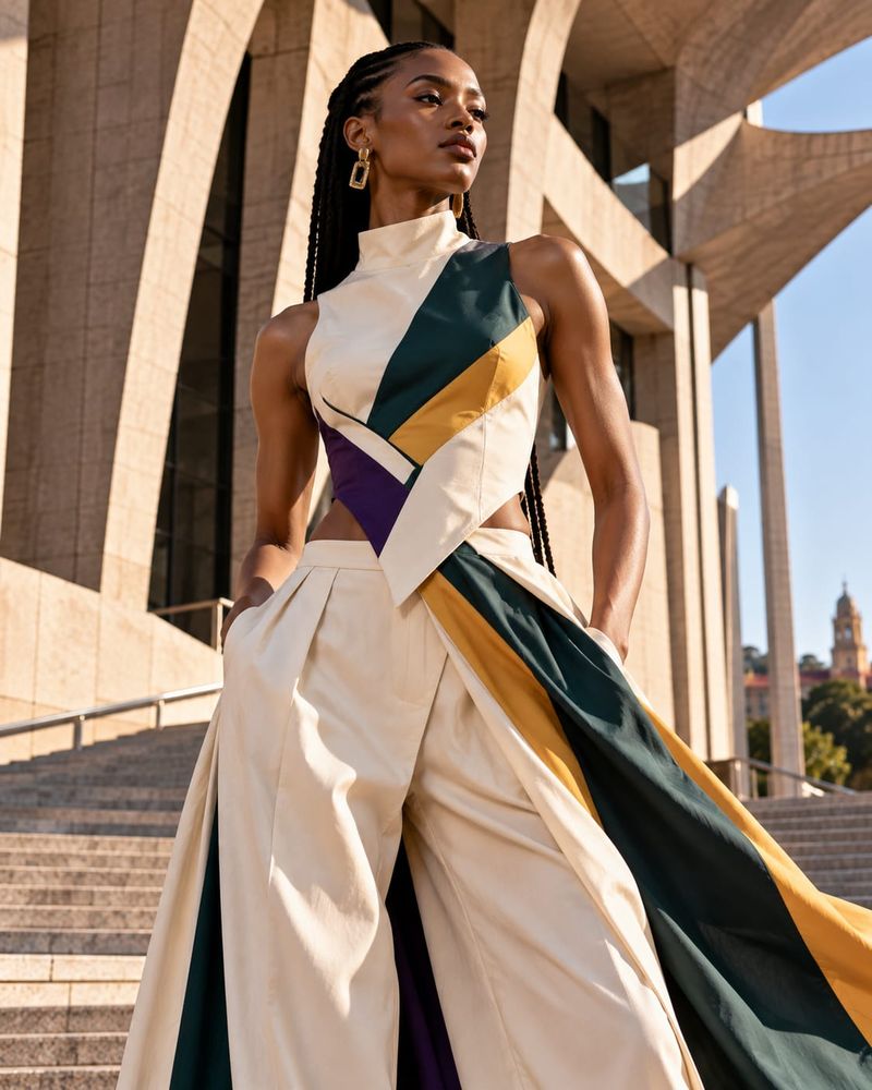 AI-generated concept: A model in a cream outfit with panels of purple, gold and green on the steps of a civic building.