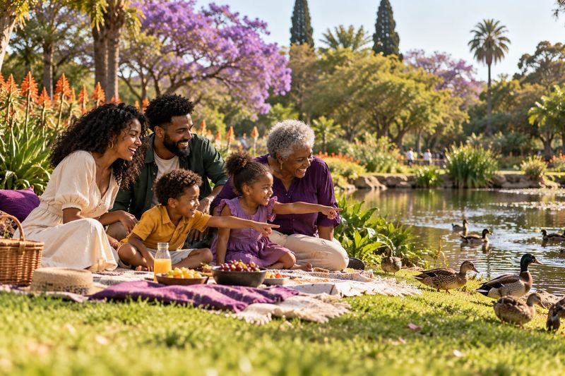 AI-generated concept: Three generations of a family picnicking beside a pond with ducks under jacaranda trees.