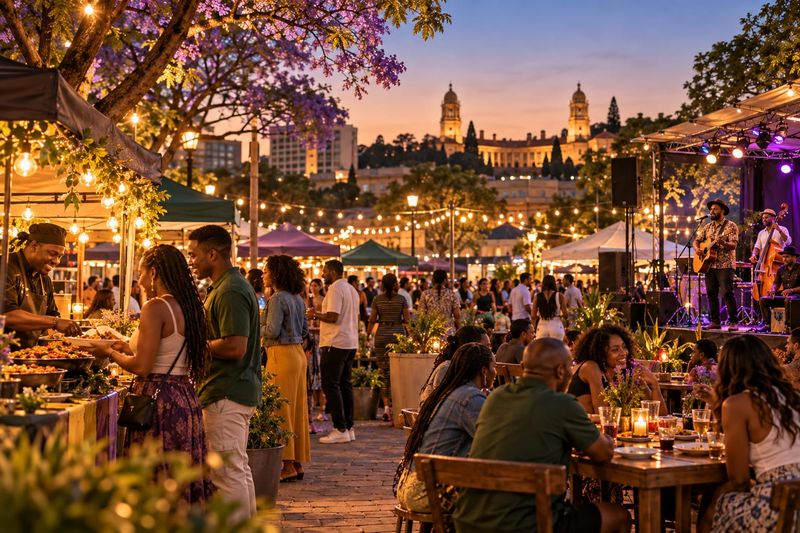 AI-generated concept: A busy evening market with string lights, food stalls and diners, the Union Buildings lit on the hill beyond.