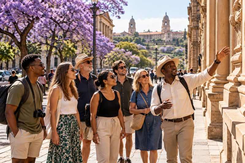 AI-generated concept: a local guide pointing out sandstone architecture to a small walking-tour group, with jacarandas and the Union Buildings beyond.
