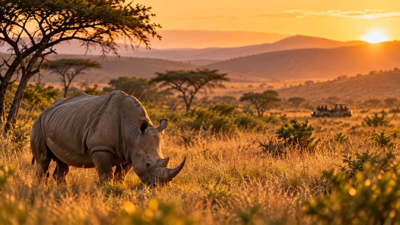 AI-generated concept: a white rhino grazing in golden bushveld grass at sunset.