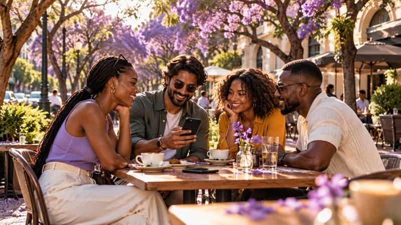 AI-generated concept: four friends at a café table under flowering jacarandas.